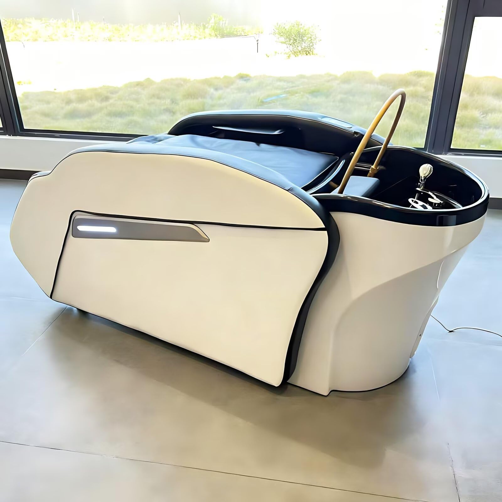 Professionelle Salon-Kopfmassageliege Im Modernen, Minimalistischen Schwarz-Weiß-Stil mit Japanischer Kopfmassage-Ausstattung, Begasungsset, Ganzkörpermassage Und Großem Waschbecken.