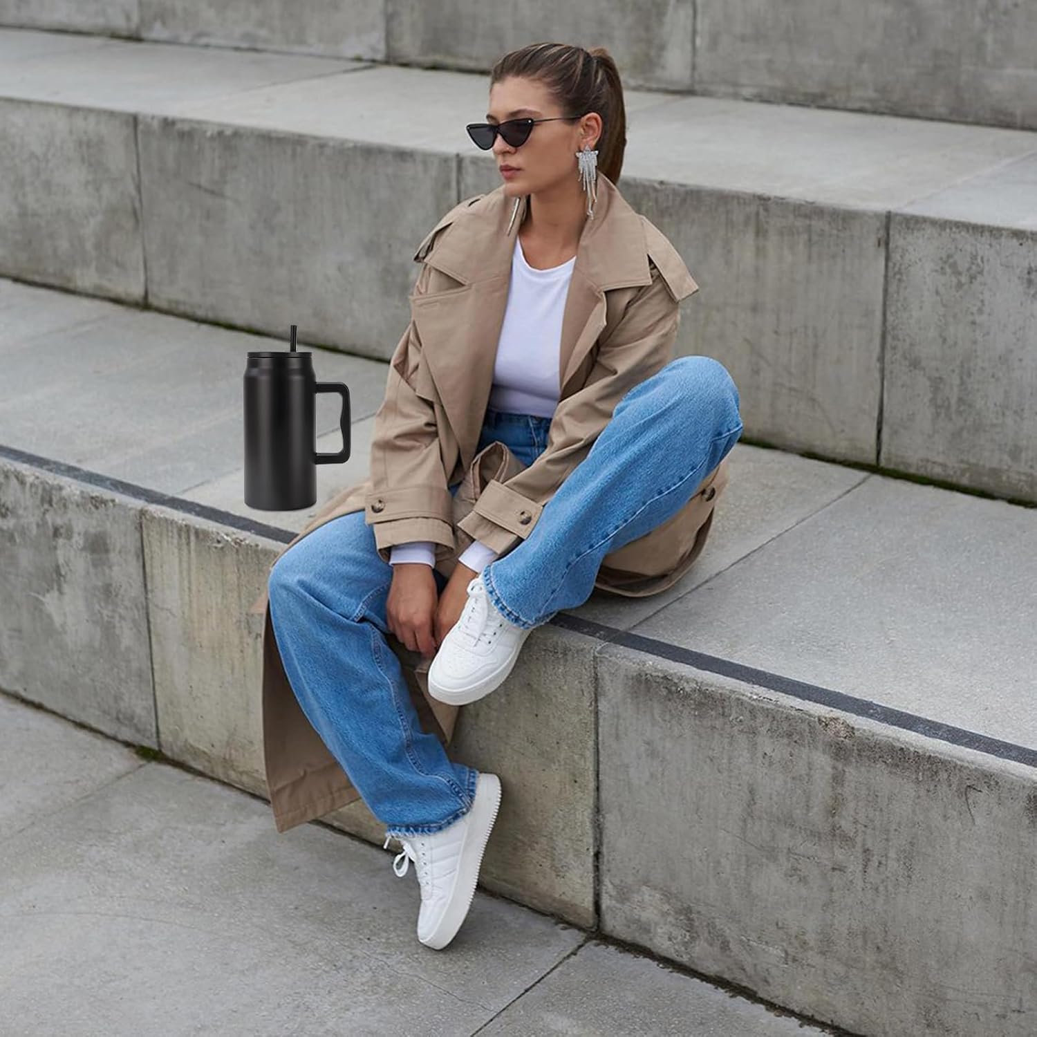 50 OZ Insulated Water Bottle, 1500ML 304 Stainless Steel Bottle with Handle and Straw, Leak-Proof Lid, Non-slip Base for Office, Home, School(Black, 1.5L) - Image 8