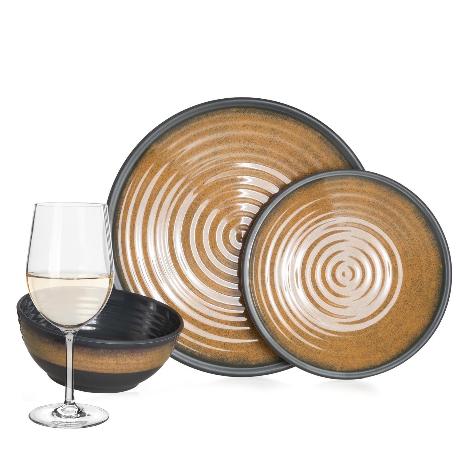 Juego de vajilla de melamina para camping, 4 personas, curry de piedra, 4 vasos de vino blanco Timo, vajilla para pícnic, barbacoa