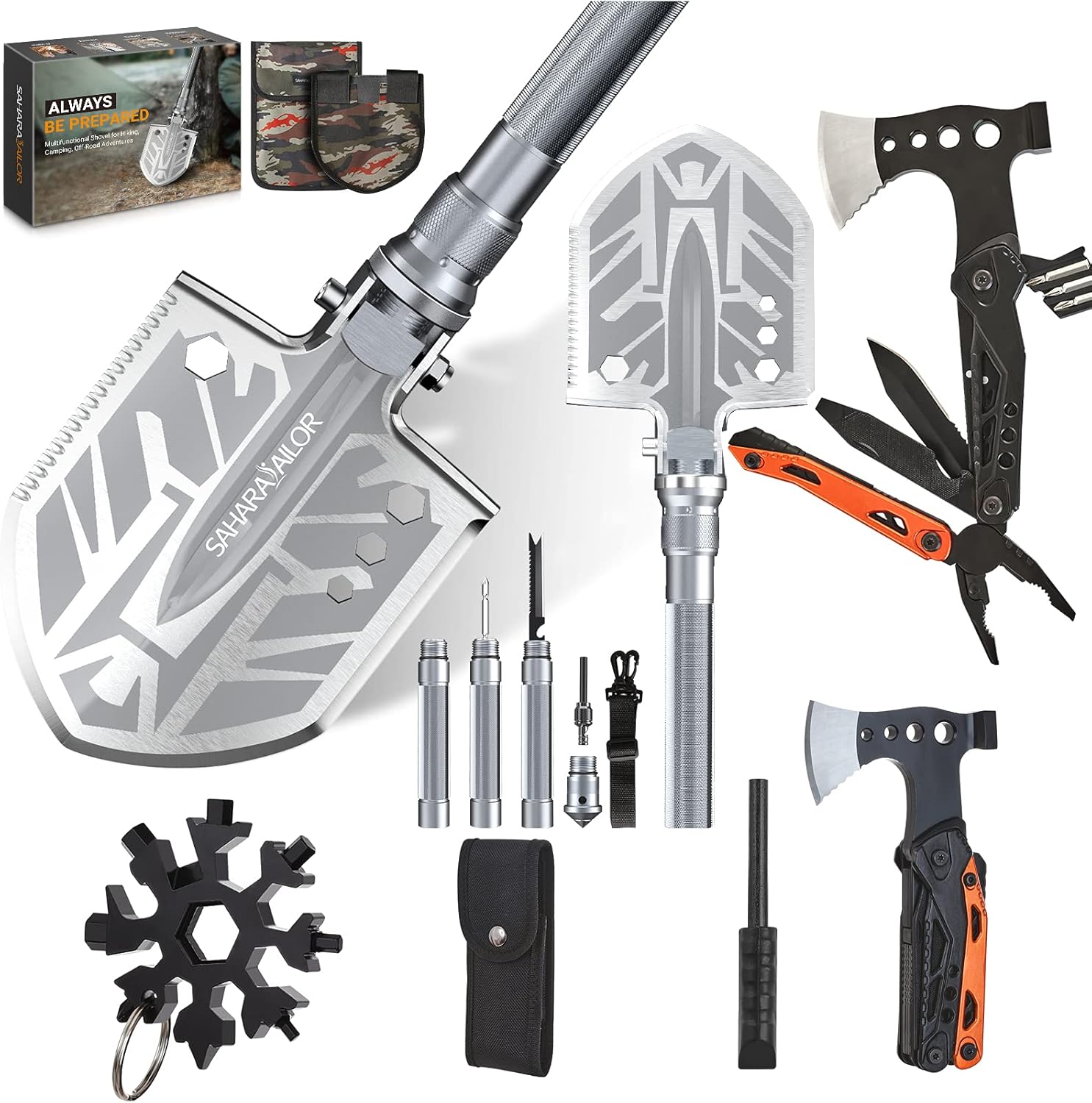 Sahara Sailor Survival Shovel & 15 in 1 Camping Multitool Hammer, Hatchet Axe, Piler Camping Accessories Outdoor Survival Gear and Equipment Gifts for Men, Camping Hatchet Tool : Sports & Outdoors