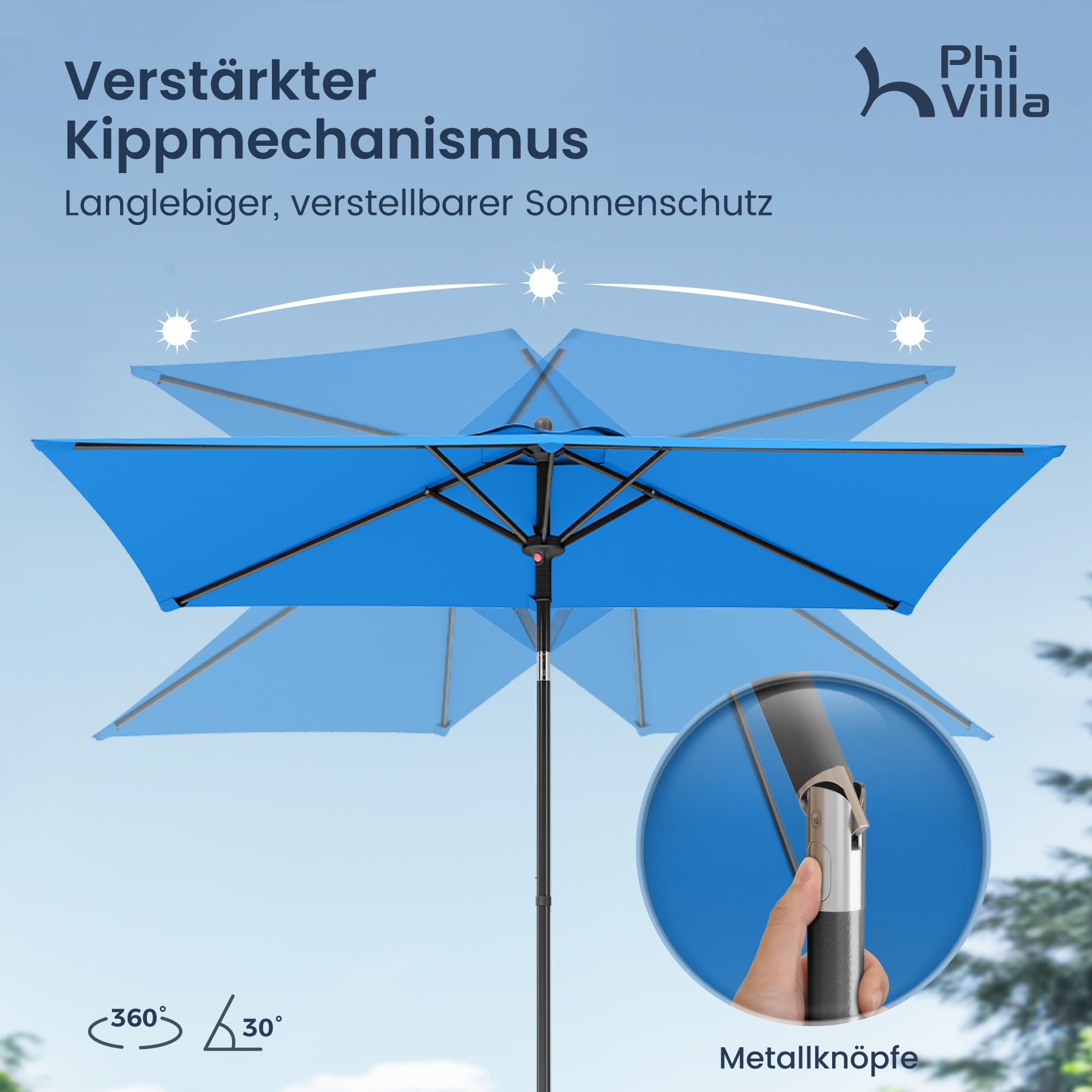 PHI VILLA 210x140x220cm Sonnenschirm Eckig mit Klemme, Gartenschirm Kippbar Windfest Stabil zum Mitnehmen, UV50+ Schutz für Balkon Terrasse Balkongeländer Tisch