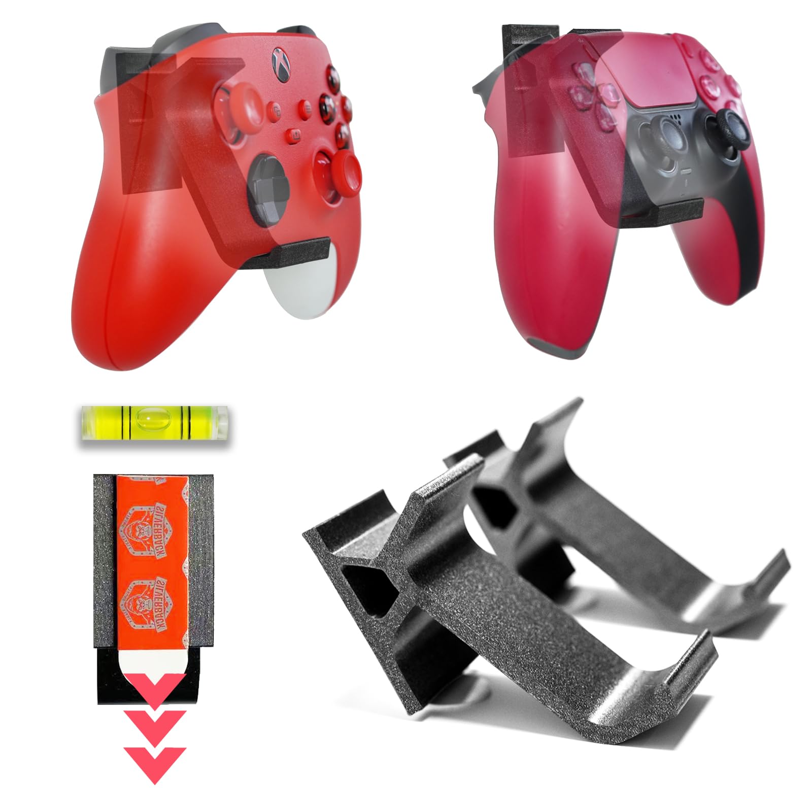 2PICS Shiny Black Controller Holder Wall Mount Stand for XBOX, PS5, SERIES X, ONE &amp; Gaming Headphone Holder Stand - These Holders Come In Various Colors And Will Not Damage Your Walls