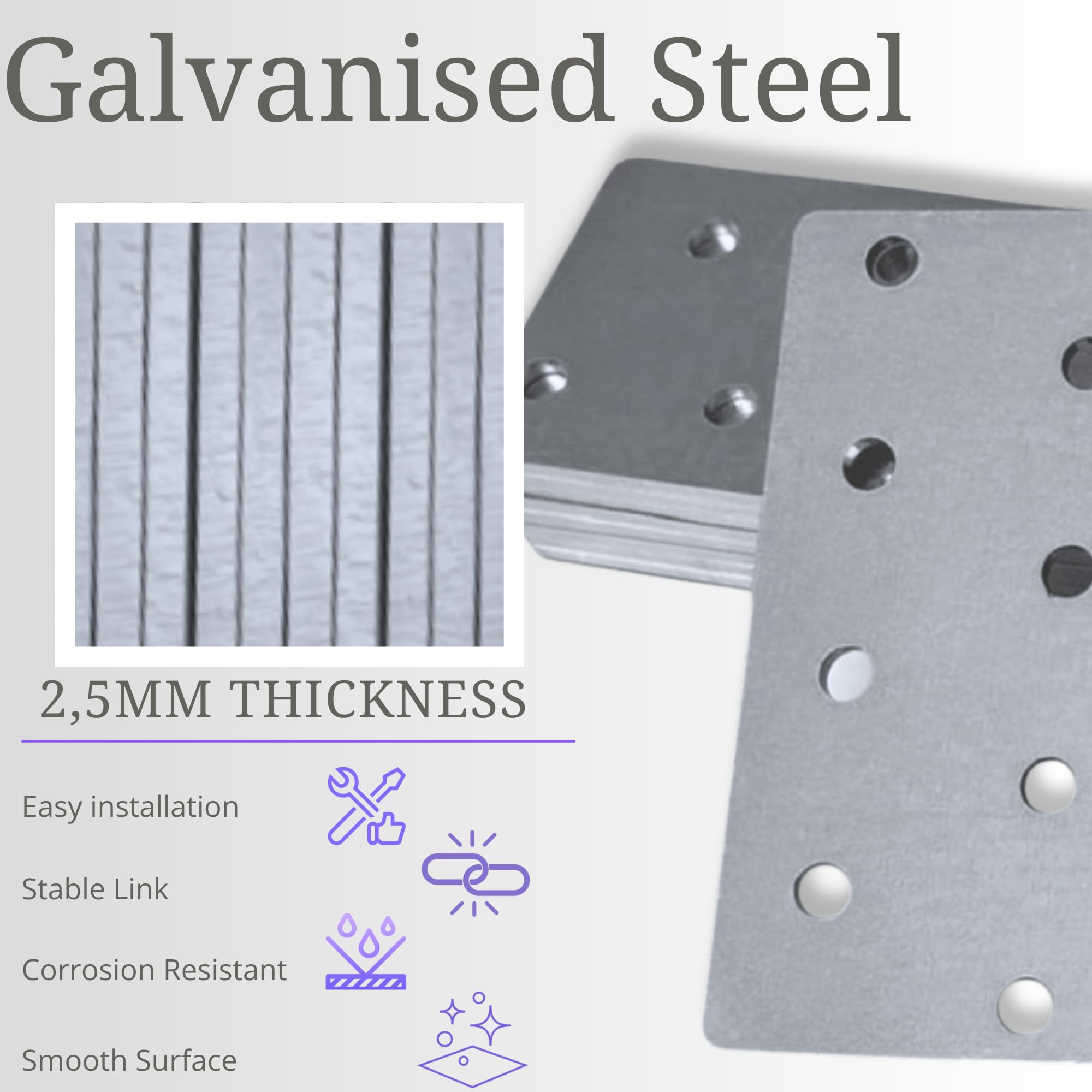 HANFCO® 10pcs 80x40x2,5mm Flat Brackets for Wood Galvanised Steel Perforated Mending Plates, Wood Metal Flat Joining Plates - Image 3