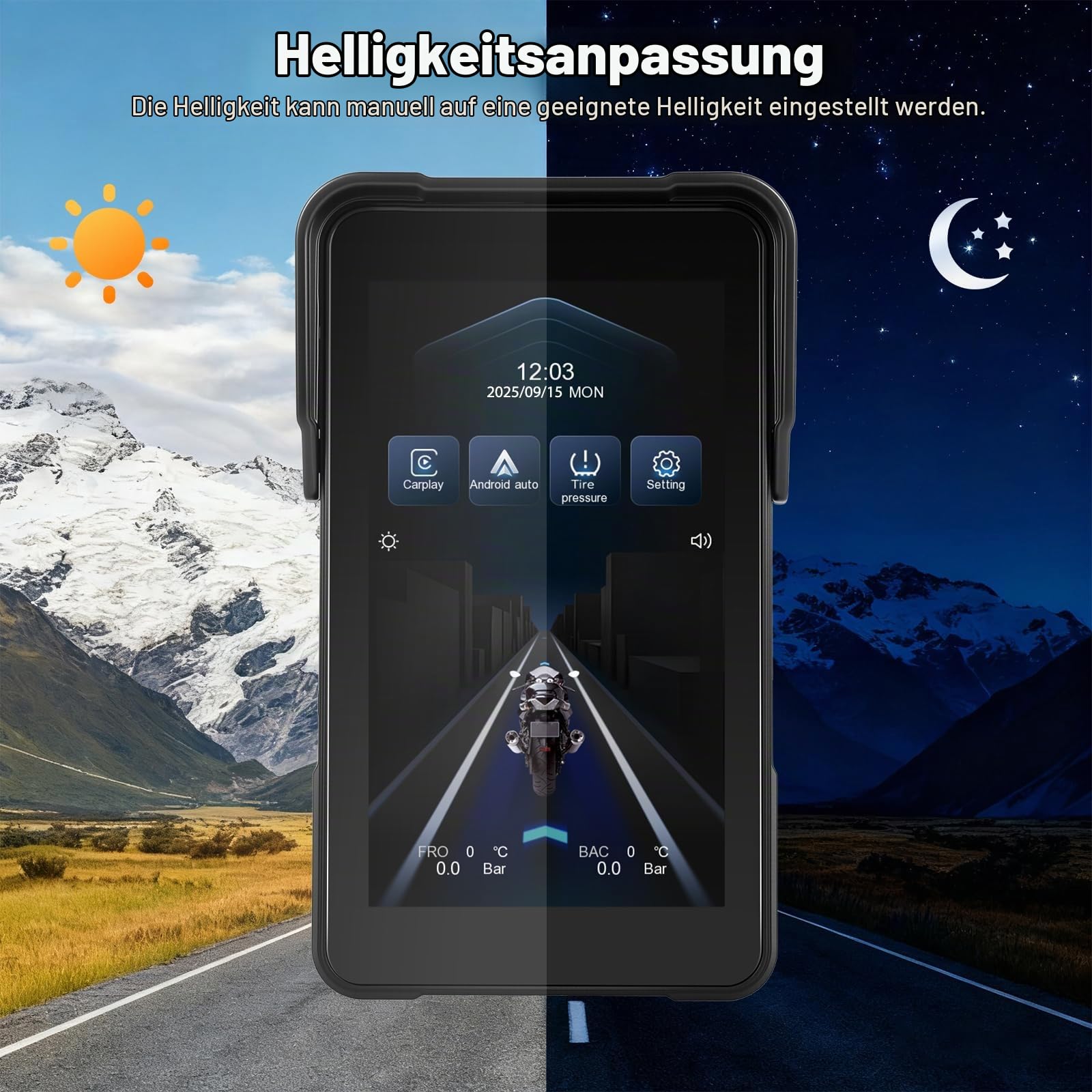 Motorrad Navigation mit Kabellosem A-pple Carplay Android Auto, Tragbares 5-Zoll-HD-Portrait-Touchscreen-Autoradio mit Bluetooth FM, IP68 Wasserdicht
