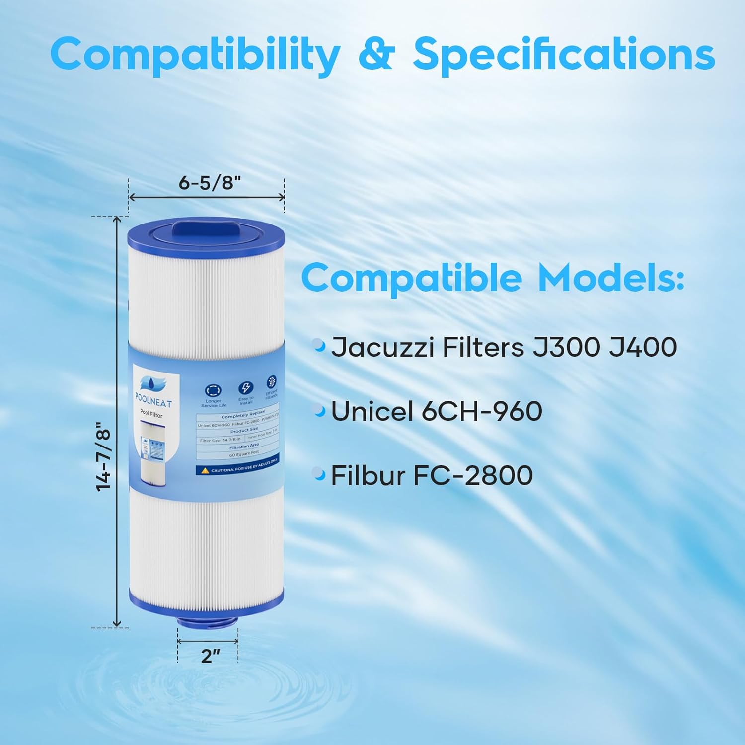 14081 SPA Filter Replacement for Jacuzzi Filters J300,6000-383A,6CH-960,J400,Filbur FC-2800,6540-476,6540-383,PJW60TL-F2S,Hot Tub Filter with Closed Handle(Not be Removed),60 sq.ft,2Packs
