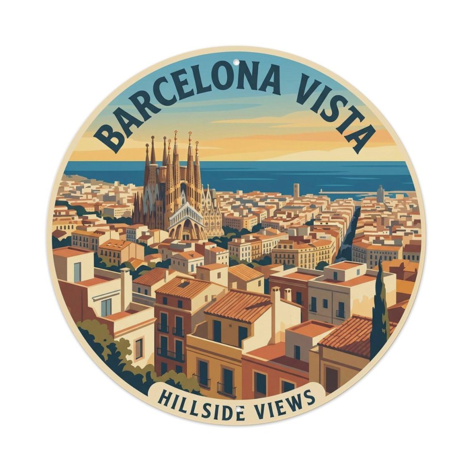 Vintage Travel Barcelona Hillside Spanish Panorama Metal Tin Sign Plaque Wall Decor for Cafe, Club, Garden Round Metal Poster 8x8Inch