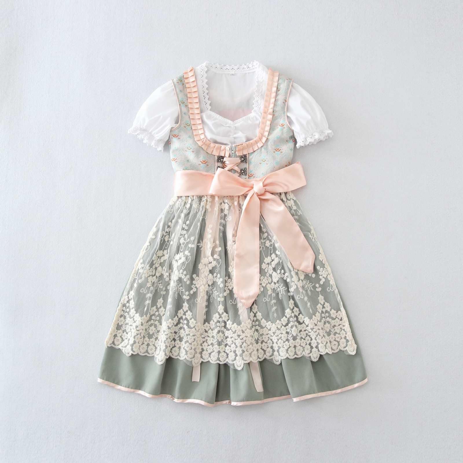 Mädchen Dirndl Set Oktoberfest 3-teilig Kinderdirndl Kinder Dirndlbluse Schürze Set Trachten Midi Kleid Bierfest Spitze Kleider Bayerisches Trachtenkleid Spitze Elegant Dress Festlich Kleidung