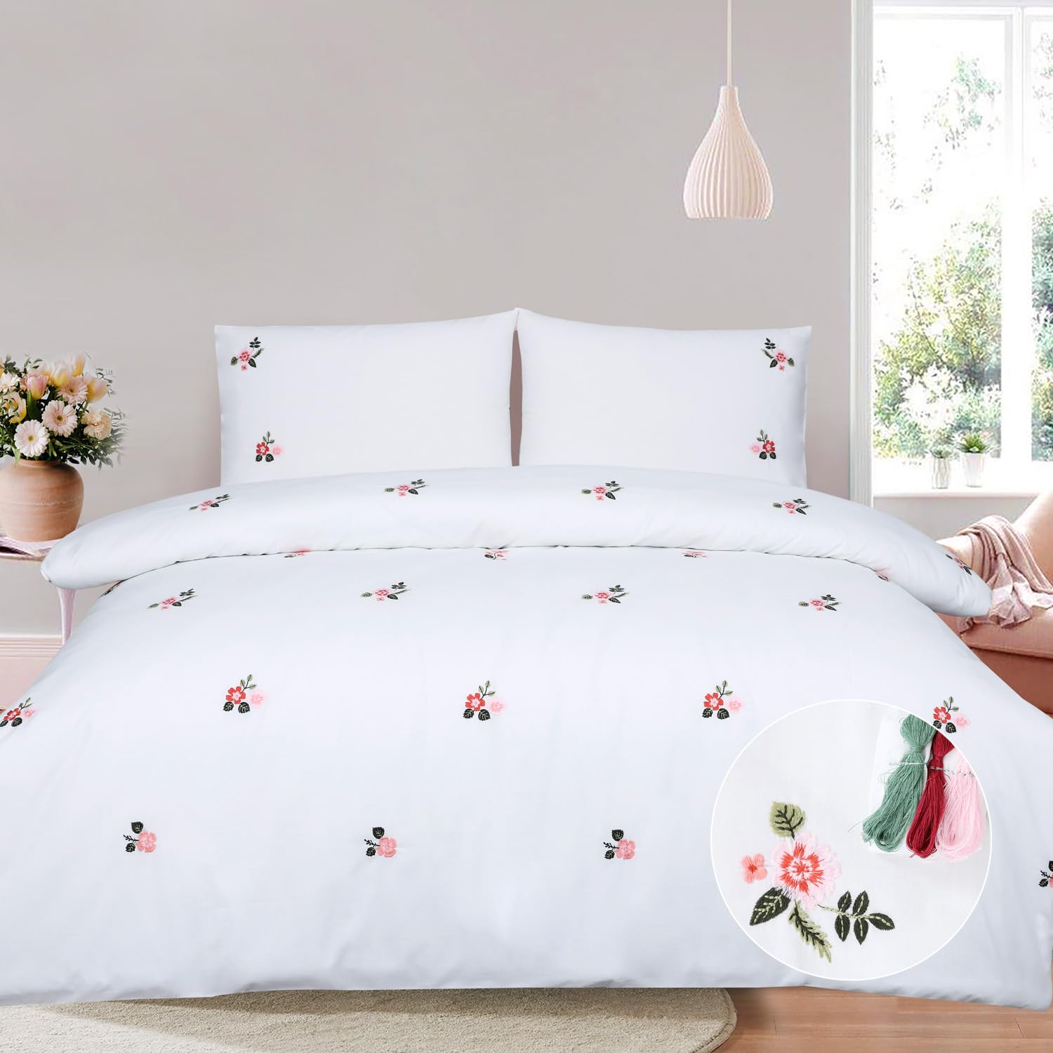Pink Floral Duvet Cover Set King Size Embroidered Flowers Girls Bedroom