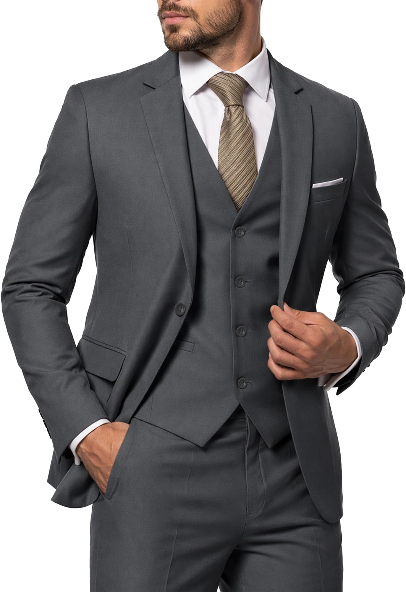 Men's 3 Piece Slim Fit Suit with Tie, Solid Color Jacket Vest and Pant