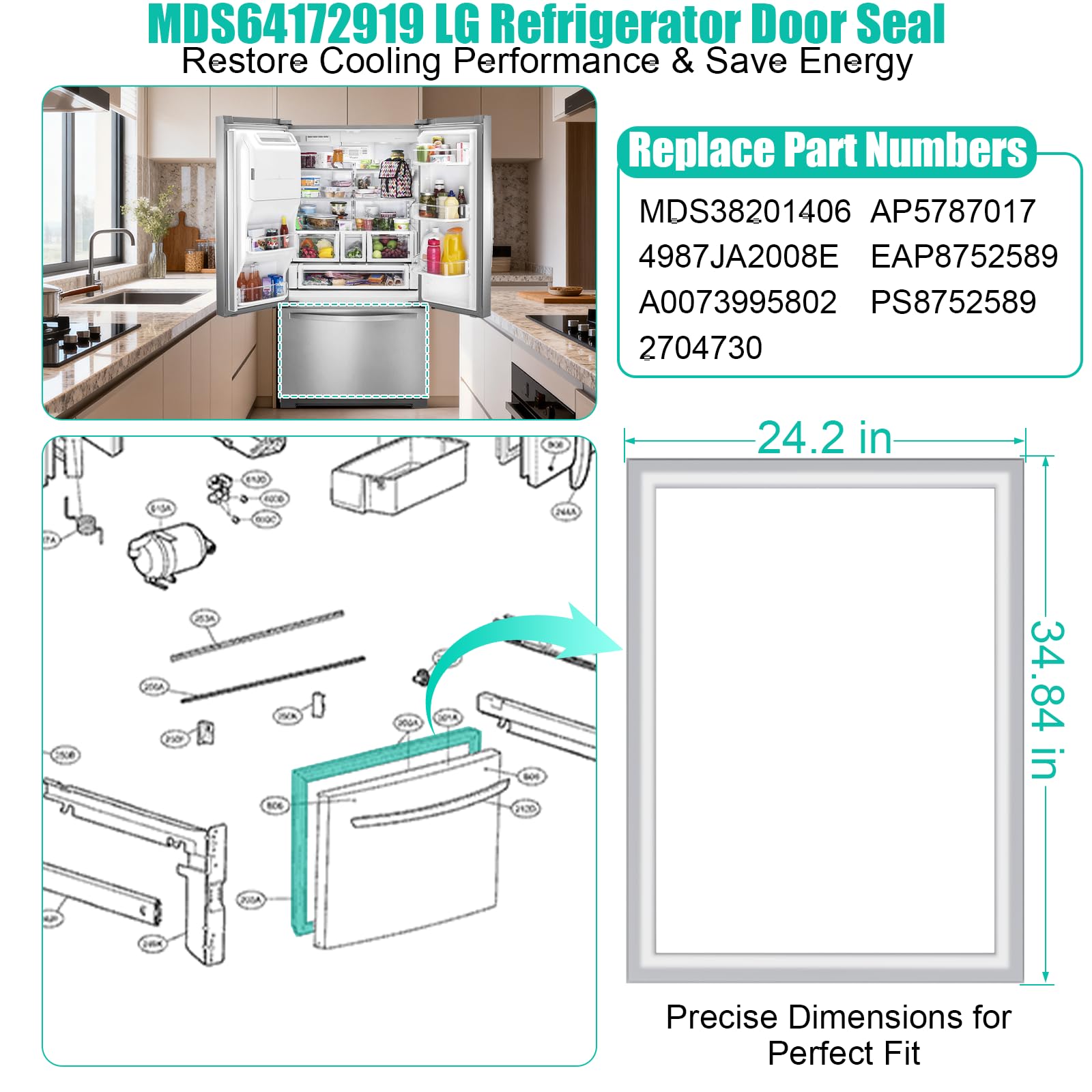 Repuesto de junta de puerta de congelador MDS64172919 para LG 4987JA2008E MDS38201406 A0073995802, piezas de sellado de congelador compatibles con junta de puerta de refrigerador Kenmore