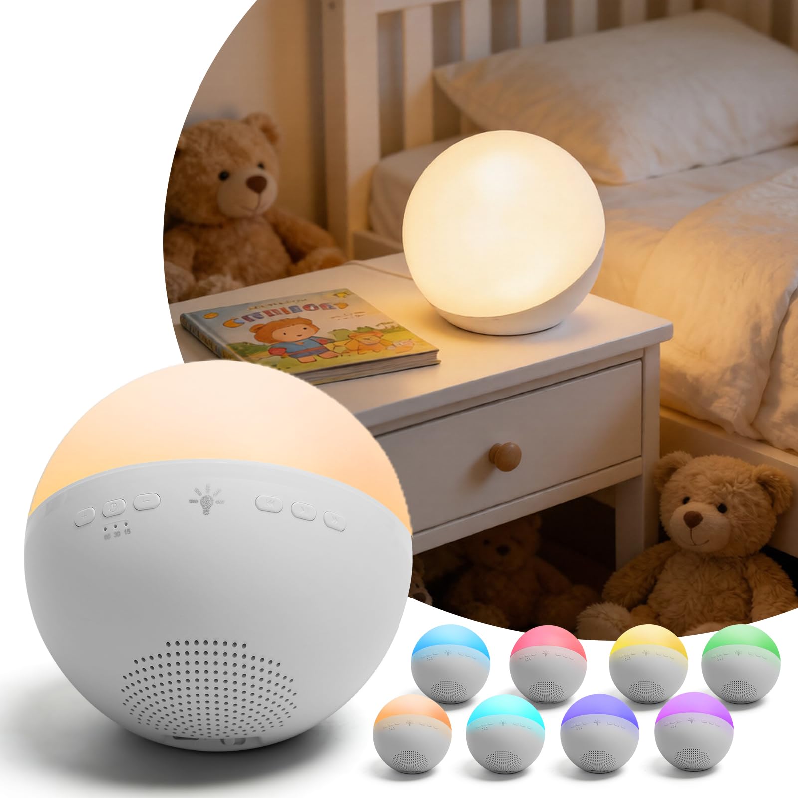 Aigostar Lampka Nocna dla Dzieci i Generator Białego Szumu, 22 Kojące Dźwięki, 7 Kolorów RGB, Timer, Akumulator USB, Pomoc w Zasypianiu, Prezent dla Niemowląt i Dorosłych