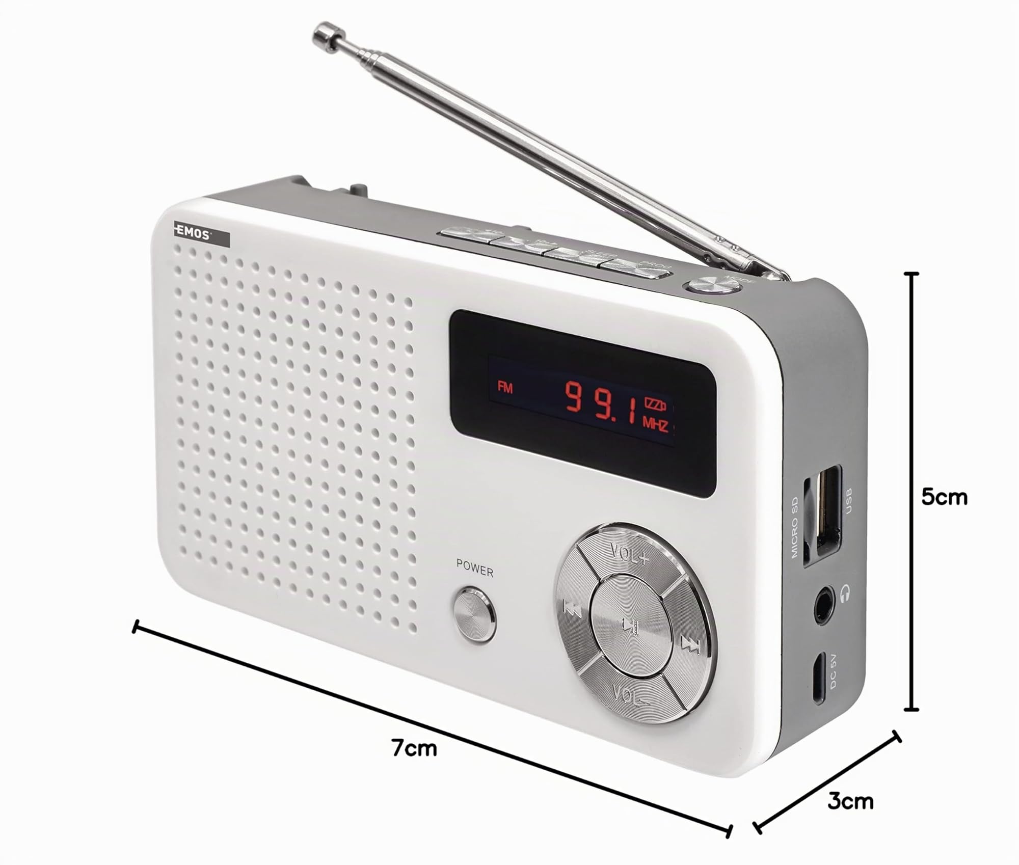EMOS - tragbares digitales FM-Radio und MP3-Player mit Akku + USB-C Kabel - teleskopische Antenne, FM 88–108 MHz - USB-Port, Micro-SD-Karten-Slot, Kopfhörer-Anschluss - weiß/grau, Batteriebetrieben