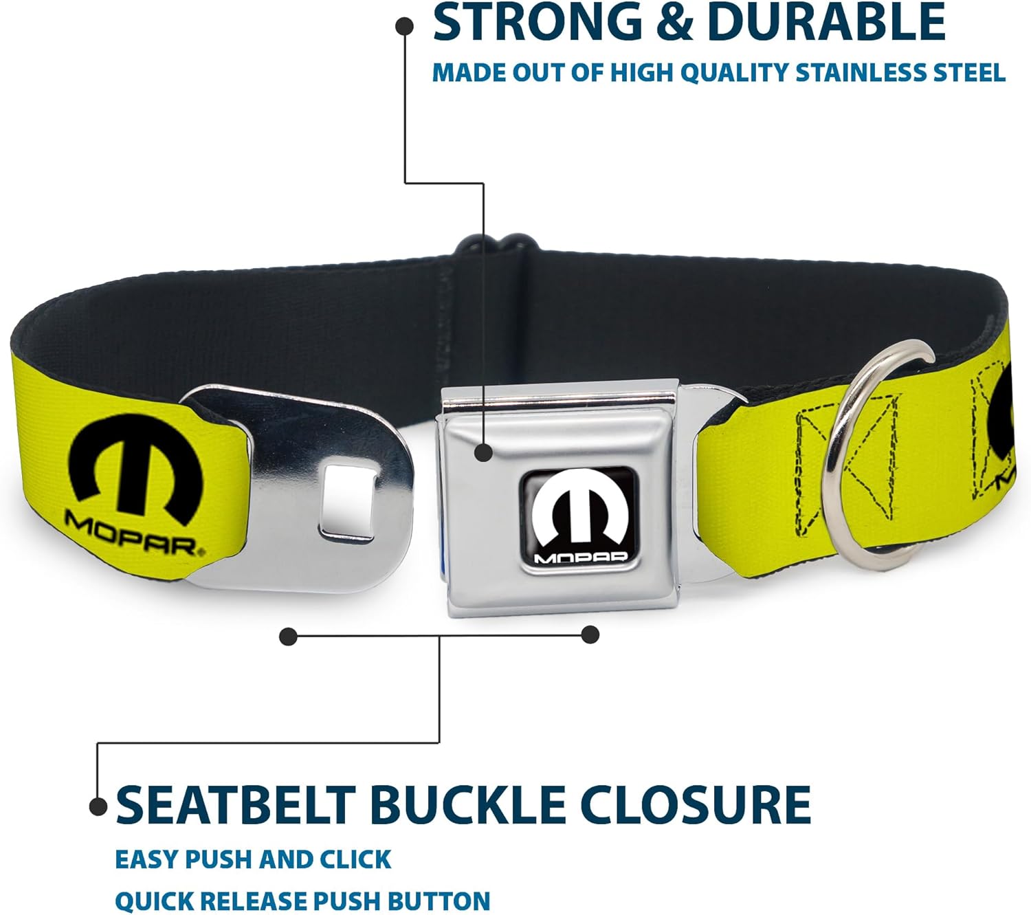 Dog Collar Seatbelt Buckle Mopar Logo Repeat Yellow Black 11 to 16.5 Inches 1.0 Inch Wide