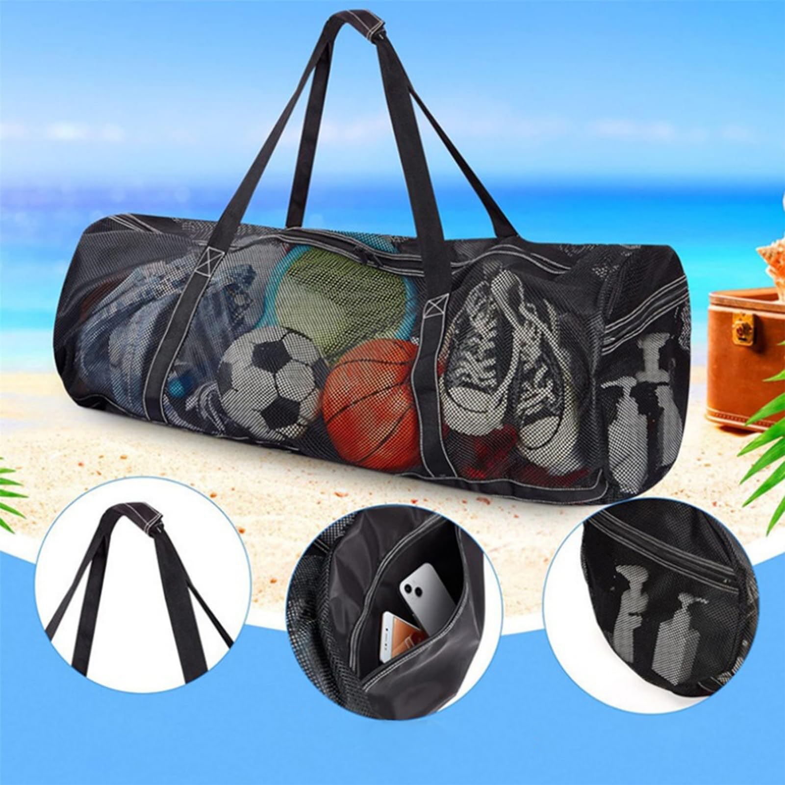 Borsa da spiaggia pieghevole di grandi dimensioni, extra grande, con grande capacità, in rete, per snorkeling, nuoto e campeggio (piccola)