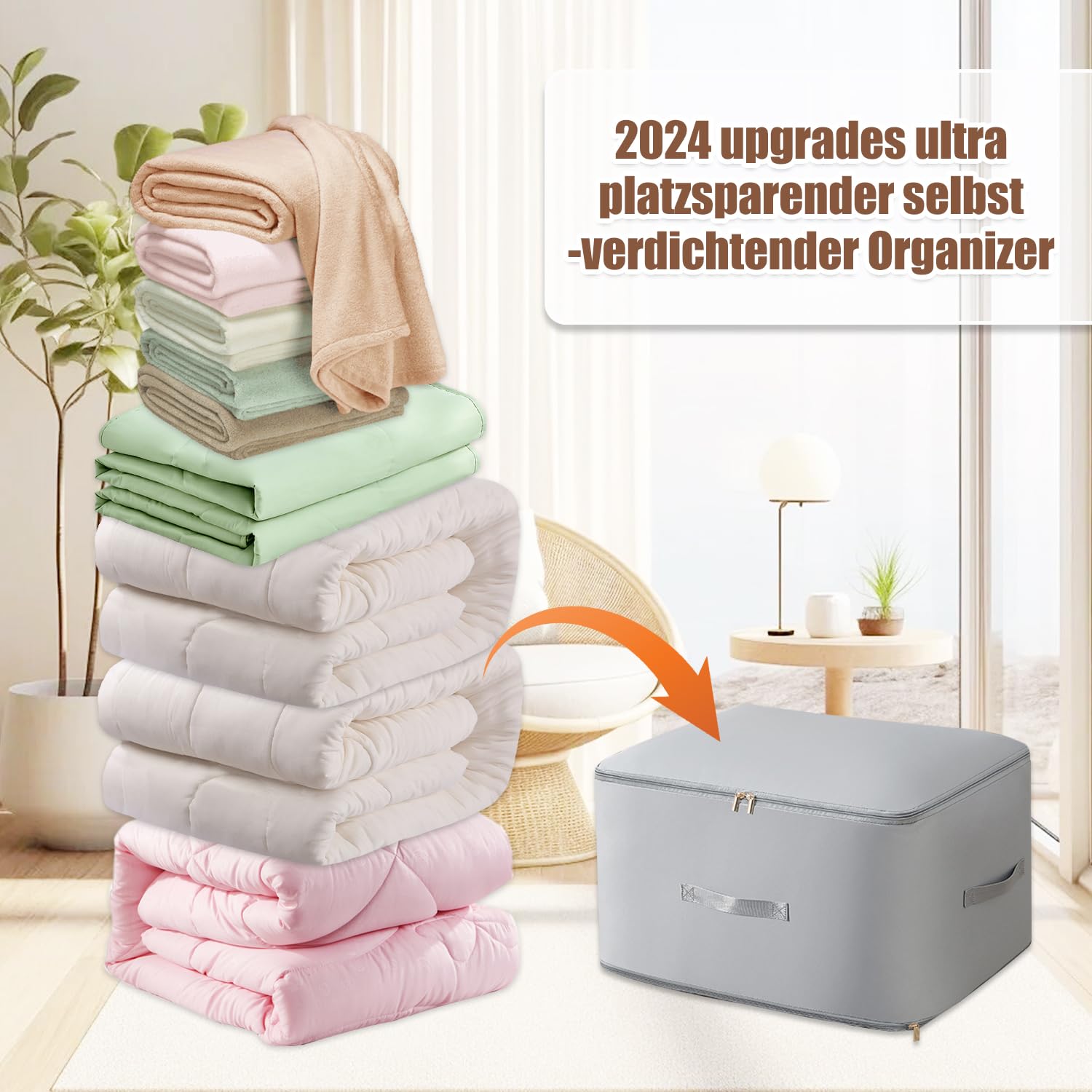 GMTEO Selbstkomprimierender Organizer, 2026 Neu Aufbewahrungstasche für Bettdecken, 16.5 x 20.4 x 11.8 Zoll Kleiderboxen Aufbewahrungsbox für Bettdecken Kleidung Decke (Weiß, 16.5 x 20.4 x 23.6 Zoll)