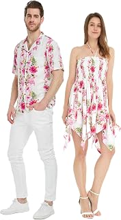 Matchable Couple Hawaiian Luau Shirt or Fairy Dress in Pink Black Hibiscus Vine