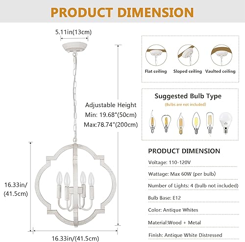 Miniatura 2 de Lámpara de araña blanca para comedor - Lámpara colgante moderna de 4 luces, luces colgantes de madera rústica para cocina, isla, sala de estar,