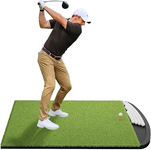 Integrated Golf Hitting Mat with Curved Ball Tray 5x4ft 6x4ft 26mm 31mm Thickening Golf Practice Mats Indoor & Outdoor, Durable Golf Turf Matt with 3 Tees for Hitting Chipping Striking, Swinging