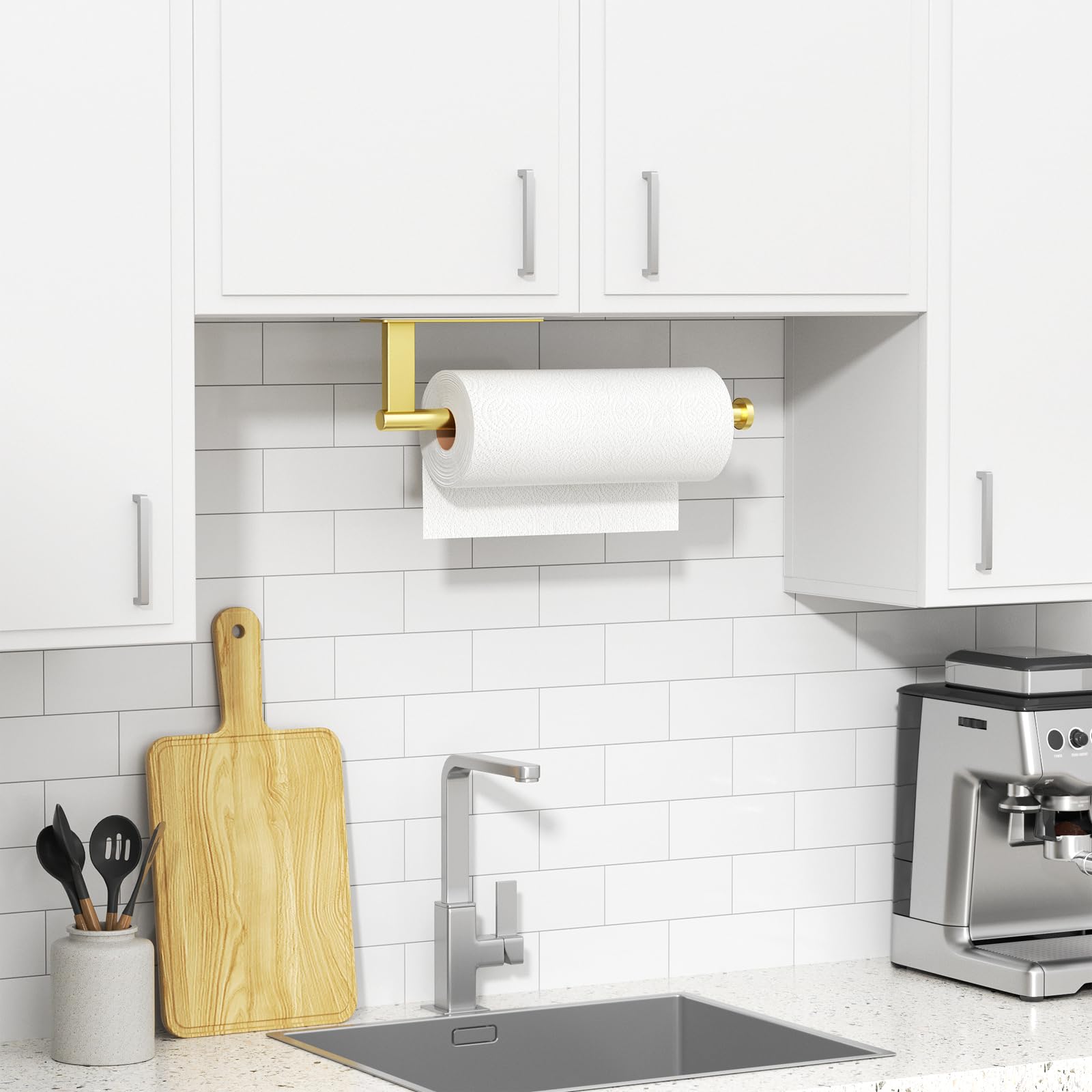 Soporte para toallas de papel debajo del gabinete, soporte de pared de acero inoxidable, autoadhesivo o perforado, toallero dorado mate para organización y almacenamiento de cocina, soporte para rollo 8