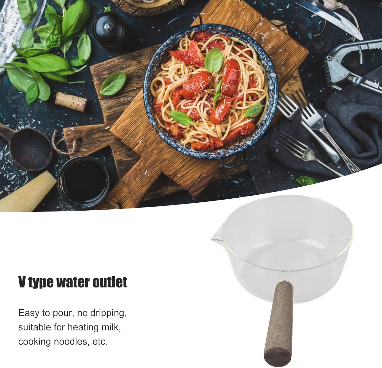 Saucepan Home Kitchen Cookware Accessory Glass Milk Pot with Wooden Handle V Shaped Spout Noodles Milk Pan Saucepans (600ml)