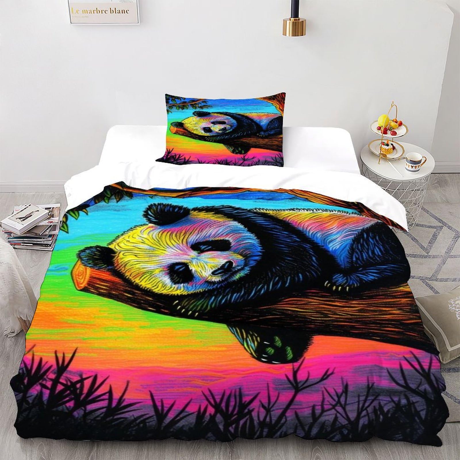 Housse couette panda zippée parure lit 2 pièces microfibre anti-pli