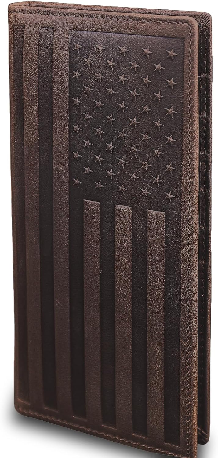 DK86 US Flag Long Wallet For Men Full Grain Leather Rfid Blocking Rodeo Wallet Bifold Wallet American Flag Wallet (vintage coffee with us flag)