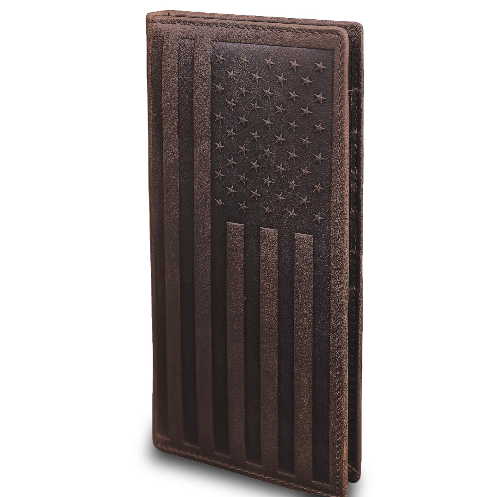 DK86 US Flag Long Wallet For Men Full Grain Leather Rfid Blocking Rodeo Wallet Bifold Wallet American Flag Wallet (vintage coffee with us flag)