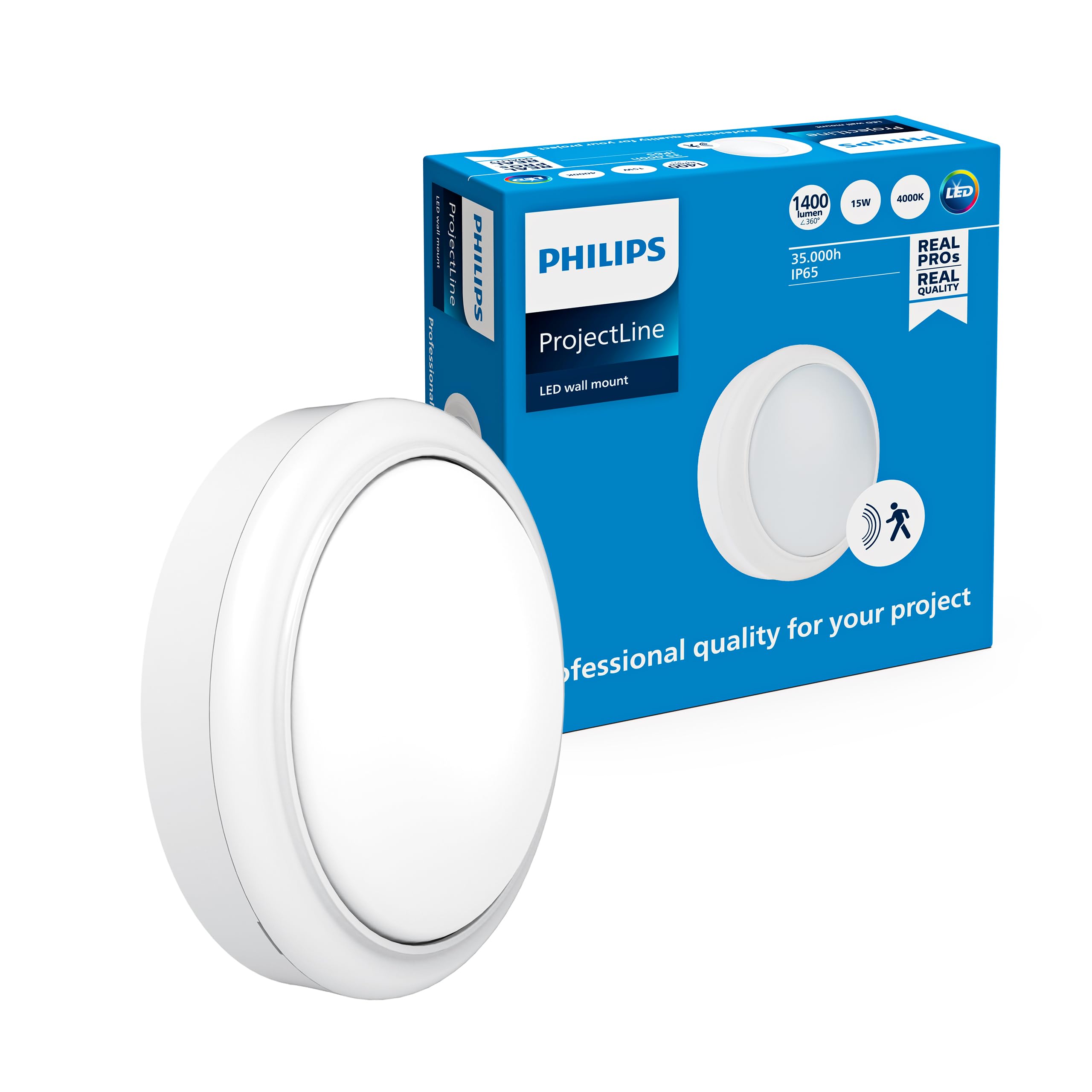 Philips ProjectLine LED wall Mount, 1400 lm, 4000 K, Integrated Sensor, Easy Installation, Indoor/Outdoor, Oval, White