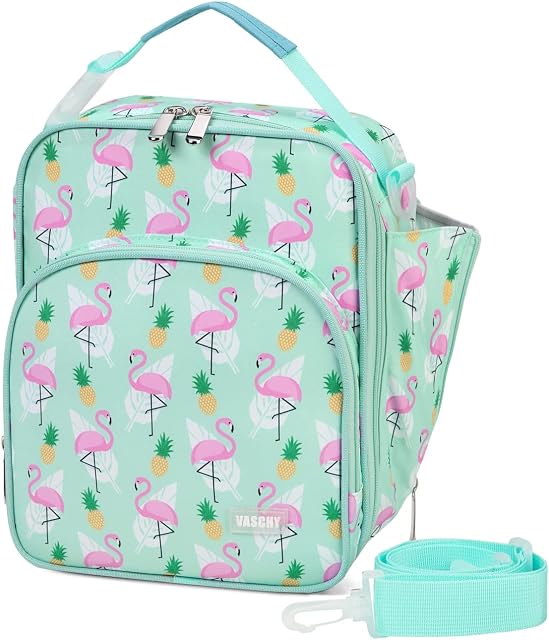VASCHY Lunch Bag for Kids, 5.5L Insulated Lunch Box Bag for Girls Lightweight Thermal Lunch Tote Bag Portable Cooler Bag with Side Bottle Pocket and Shoulder Strap for School,Outdoor(Flamingo)