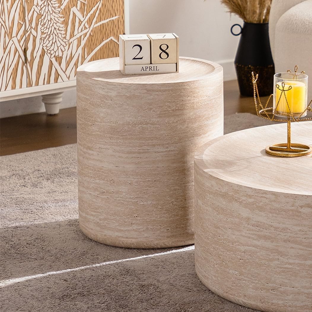 SSLine Modern Drum Coffee Table Set of 2 Faux Travertine Living Room Table Set with 39.3" Round Coffee Table and 2 End Tables for Living Room Home Office,Fully Assembled