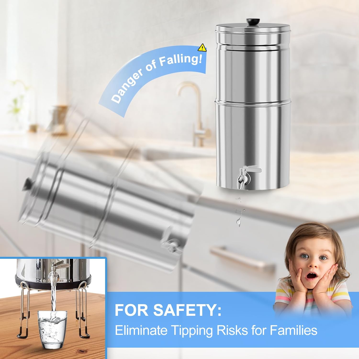 Countertop Water Filter Stand - Detachable Stainless Steel Stand Suitable for Most Brand Gravity Fed Water Filter System,9.4" Diameter by 6.3" Tall,Includes Gray Waterproof Pads and Storage Bags