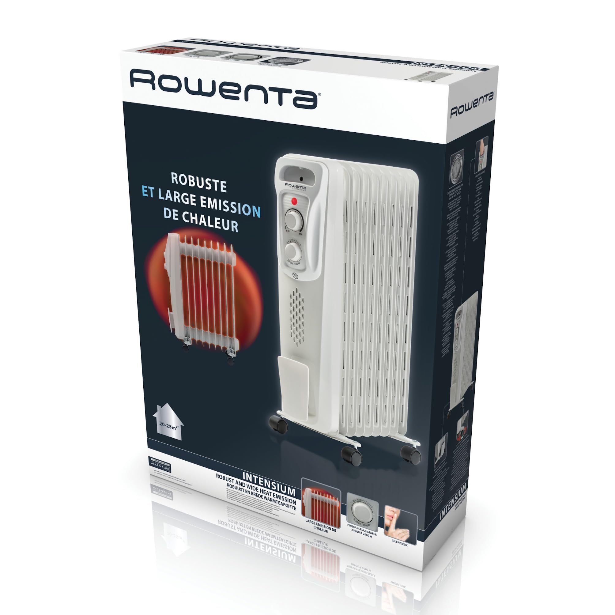 Rowenta Intensium Radiateur à bain d’huile 2000 W, Chauffage d’appoint 25 m², 3 niveaux dont Éco, Silencieux, Thermostat réglable, Sécurité anti-basculement & surchauffe, Poignée & roulettes, BU2620F0
