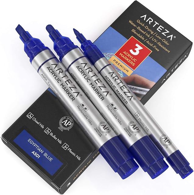 ARTEZA Acrylic Paint Markers, Pack of 3, A501 Egyptian Blue, 1 Thin and 2 Thick (Chisel + Bullet Nib) Outdoor Acrylic Paint Pens, for Metal, Canvas, Rock, Ceramic Surfaces, Glass, Wood, and Fabric