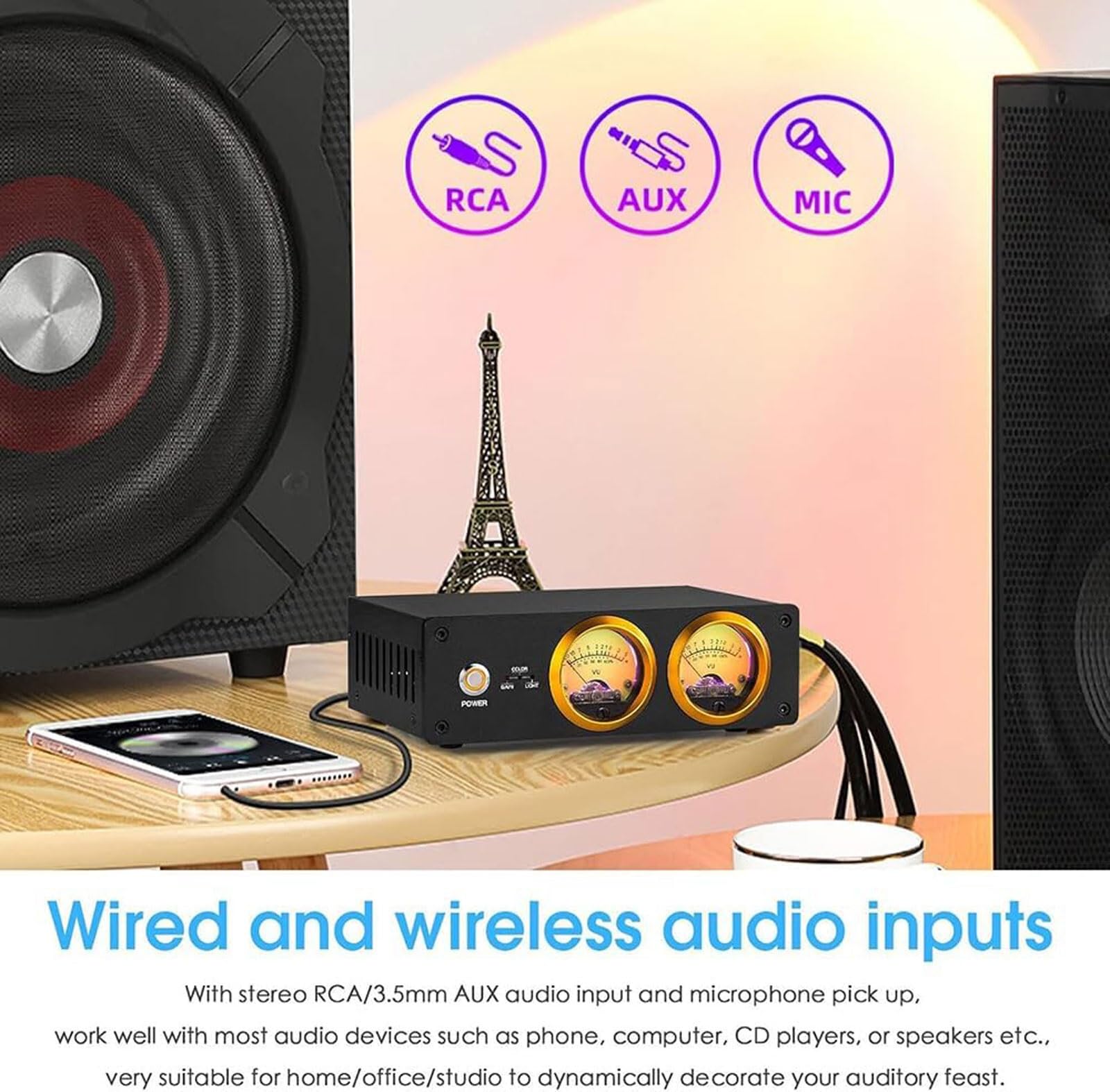 Podwójny analogowy miernik VU, wskaźnik poziomu dźwięku RGB z panelem DB, podwójny miernik VU MIC+Line, miernik audio VU22, regulacja koloru/jasności, do kina domowego/głośników stereo(SilverB)