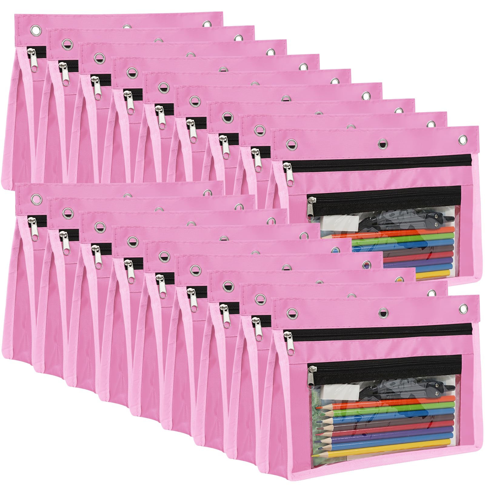 YoeeJob Astuccio espandibile da 2,5 cm per raccoglitori a 3 anelli, confezione da 18 astuccio grande capacità con cerniera, astuccio trasparente a tre anelli, adatto per scuola e ufficio (rosa)