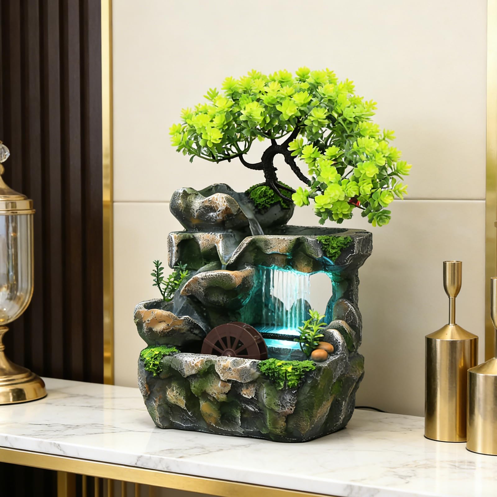 Fontaine d'intérieur avec éclairage LED, Fontaine de Table d'eau en Rocaille Cascade de Bureau Cascade de méditation Zen Fontaine de Bureau avec Plantes Décoration pour Salon