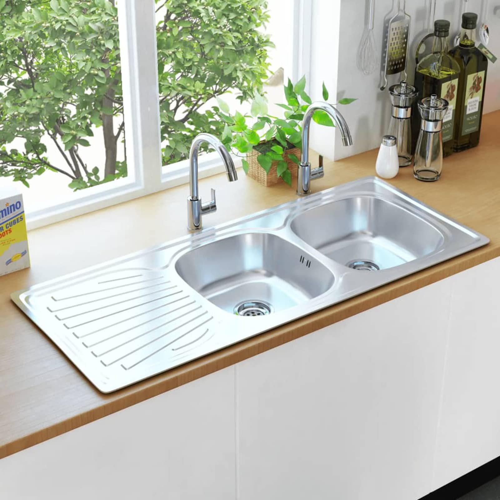 ShGaxin Fregadero de Doble Seno con colador y sifón, Mueble Pila Lavadero, Pila Fregadero Cocina, Fregadero sobre Encimera, Fregadero Baño Encimera, Picas De Cocina, de Acero Inoxidable