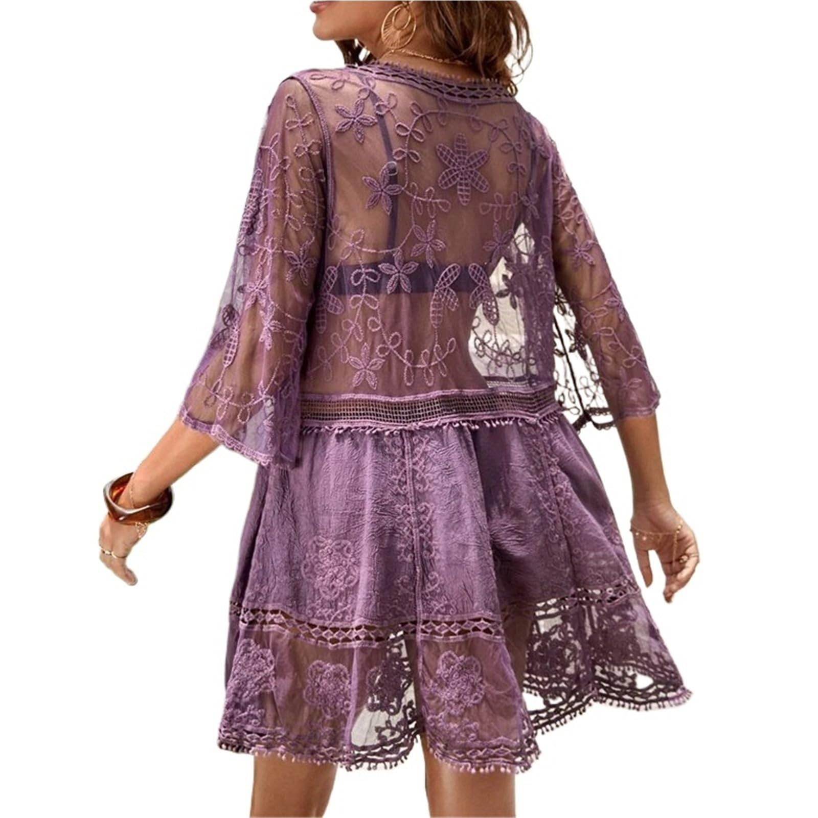 Copricostume Donna Costume da Bagno Sexy con Scollo a V Profondo Copricostume in Bikini a Rete Donna Abito Estivo Svasato in Pizzo a Maniche Corte Spiaggia Allentato