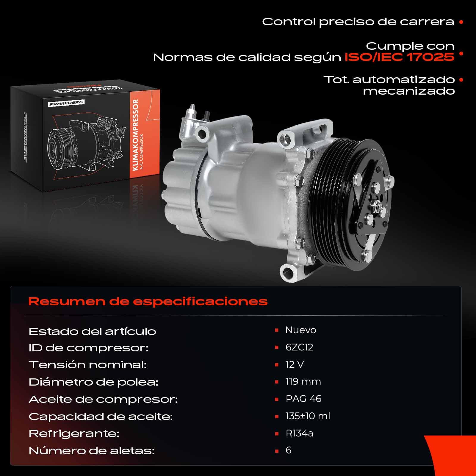 Frankberg Compresor de aire acondicionado con embrague Diesel Compatible con 207 WA WC WD WK 307 3A/C 3E 3B 3H C3 SC SH 308 4B 4A 4C 4E 4H Berlingo B9 Replace# 9670318880incl. aceite premezclado