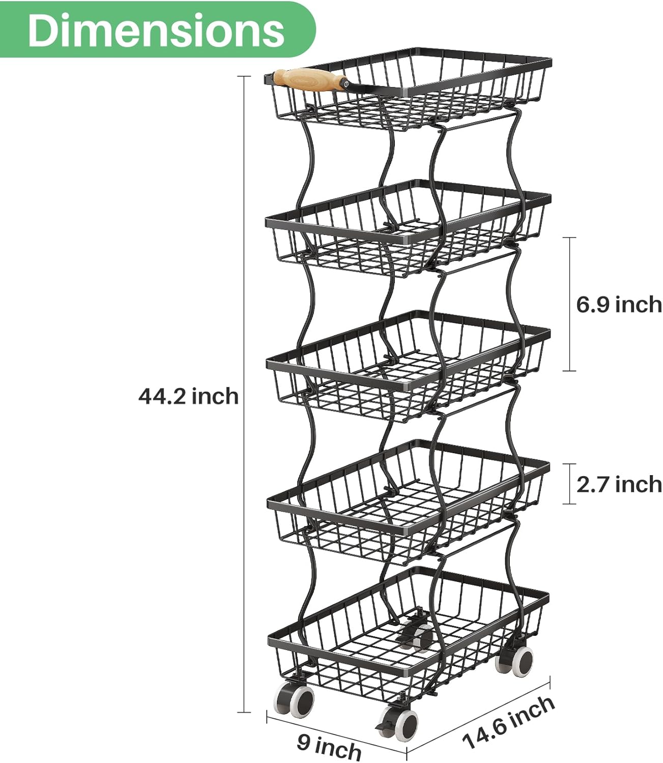 SAYZH Fruit Basket Kitchen Pantry Organizers and Storage - 5 Tier Stackable Metal Wire Basket Stand for Fruit Vegetable Snacks Jars Bins Containers Organization, Black - Image 3