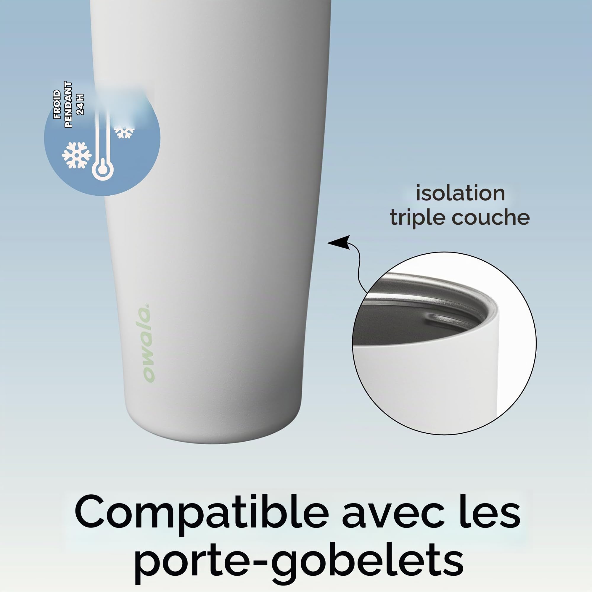Owala FreeSip Tumbler, gobelet isotherme en acier inoxydable avec paille intégrée et poignée latérale, 1185ml, pour les voyages, le travail, l’école et le sport, sans BPA, Iced Breeze