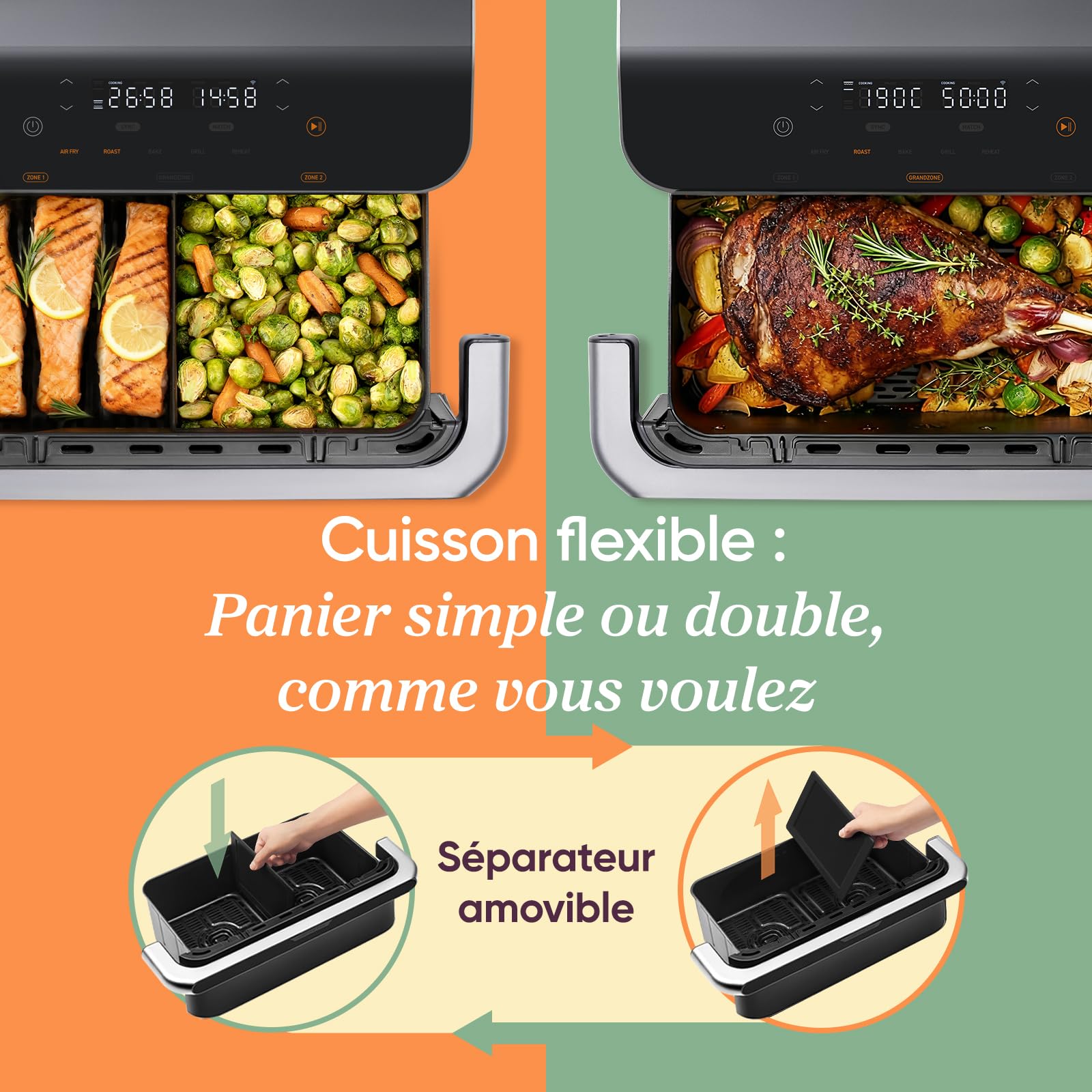 COSORI Air Fryer 10L Twinfry, Friteuse sans Huile Double Résistance, Airfryer à Dual Zone Avec Séparateur Amovible, 5-en-1, Grande Capacité, Cuisson optimale, 40℃-240℃, 70 Recettes en ligne,Noir