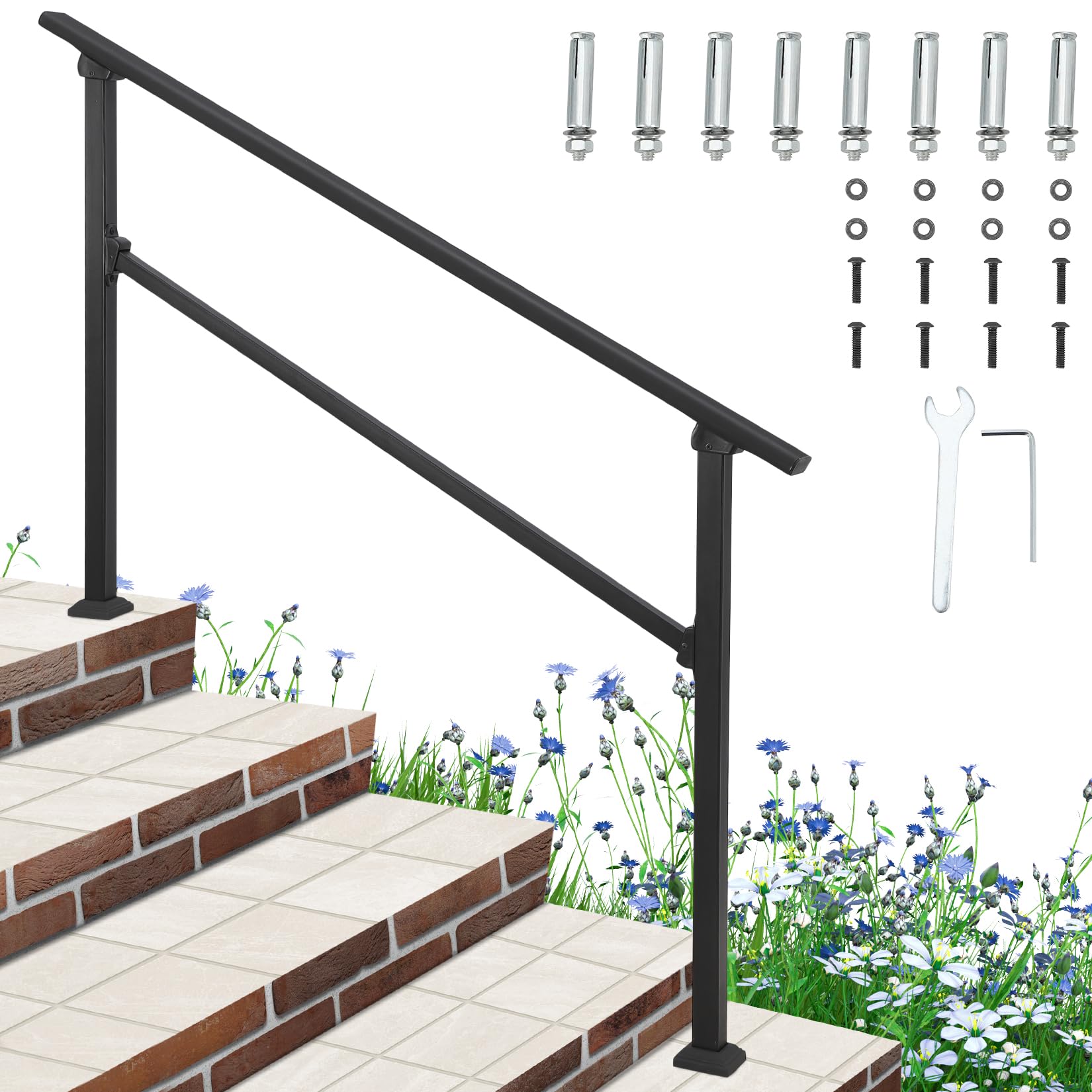 Garvee Handrail for Outdoor Steps, Sturdy Aluminium 5 Step Stair Railing Kit, Weatherproof Garden Hand Rail with Installation Kit, Non-Slip Grab Rail for Concrete, Wooden or Porch Steps