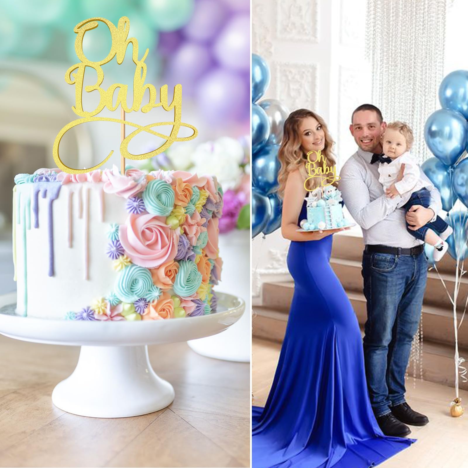 'Oh Baby' Tortenaufsatz Aus Karton – Glitzernd Schwarz, Für Babyparty, Geschlechtsoffenbarung, Kuchen-Deko, Foto-Prop