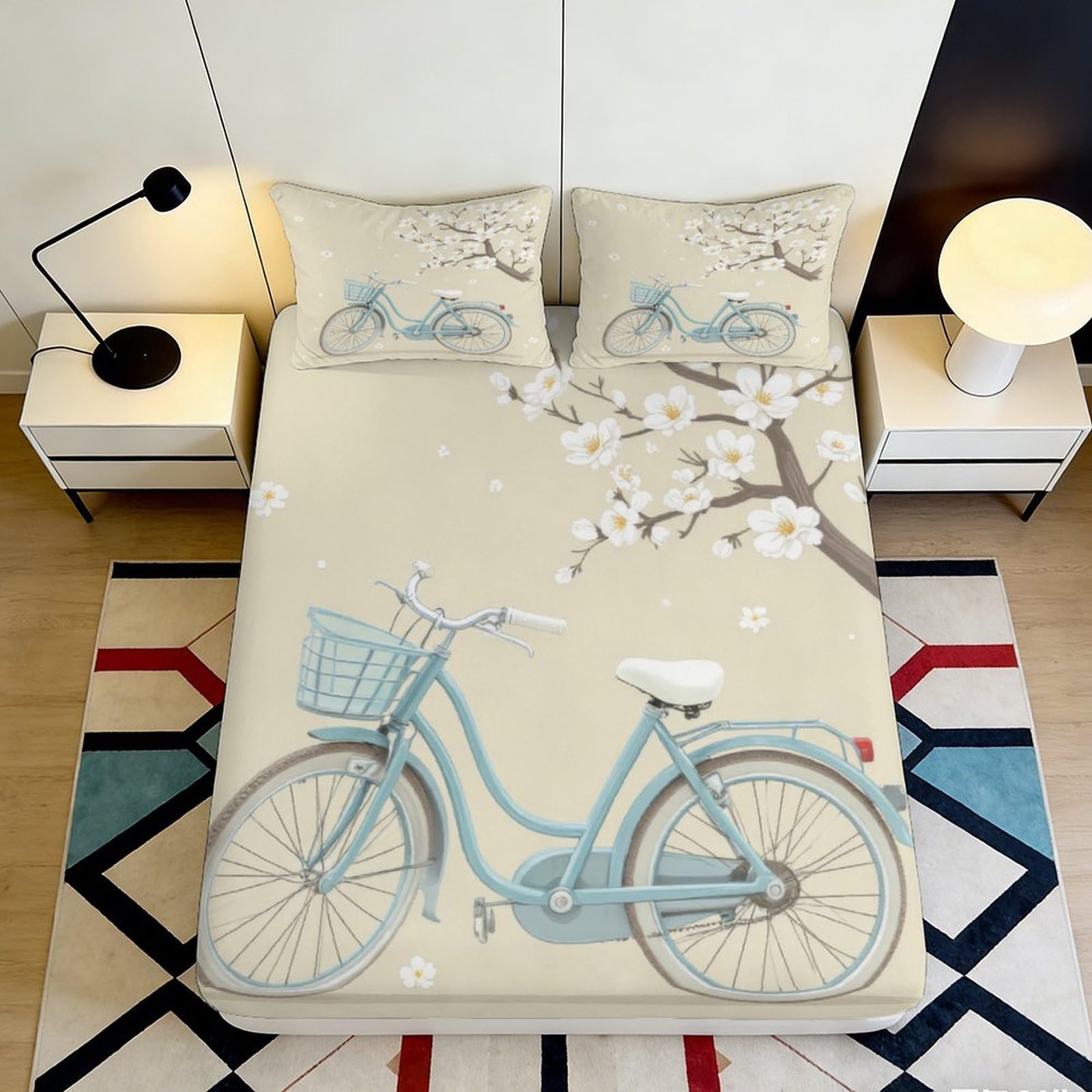 Pnayamiorkfel Style-8 3D Printed Blue Bicycle Blossom Fitted Sheet Microfiber Anti-Slip Bed Cover Washable For Bedroom Guestroom Decor 90X200x25cm