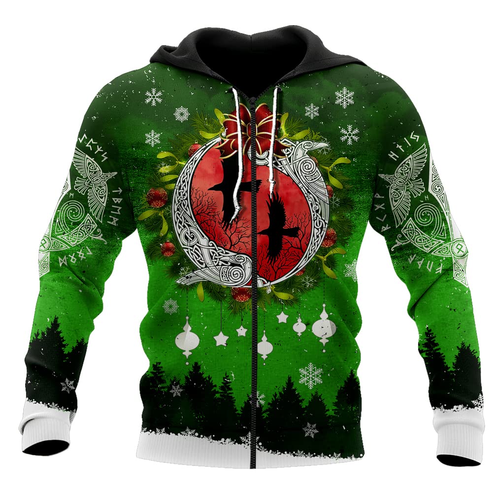 Viking Świąteczna Bluza Kapturem Raven Odin 3D Pełny Nadruk Jesienny Męski Sweter Unisex Bluza Dzień (Rozmiar Amerykański),Christmas zipper,XL