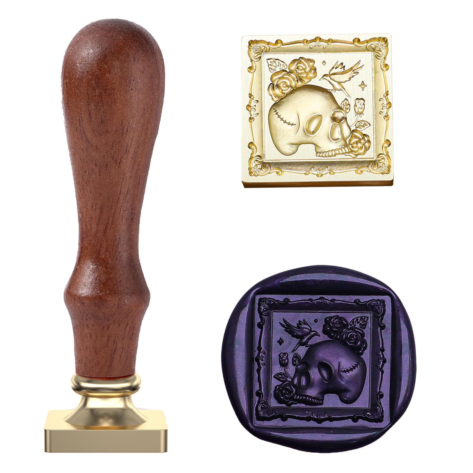 Halloween Wax Seal Stamp,Square Skeleton Bones and Skulls with a Crow for Halloween Decor/Spooky Graveyard Ground