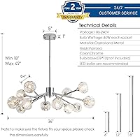 Vista 15 de Weesalife Sputnik - Candelabros para comedor sobre mesa, modernos candelabros de cristal, 6 luces negras para sala de estar, dormitorio, isla
