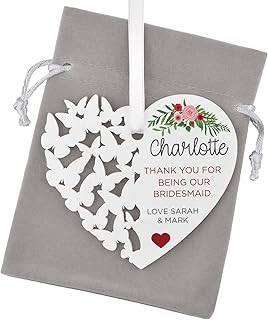 Bridesmaid Butterfly Thank You Gifts - PERSONALISED Hanging Heart Thank You Gifts for Flower Girl, Maid of Honour - Wedding Gifts from Bride and Groom - Heart or Butterfly