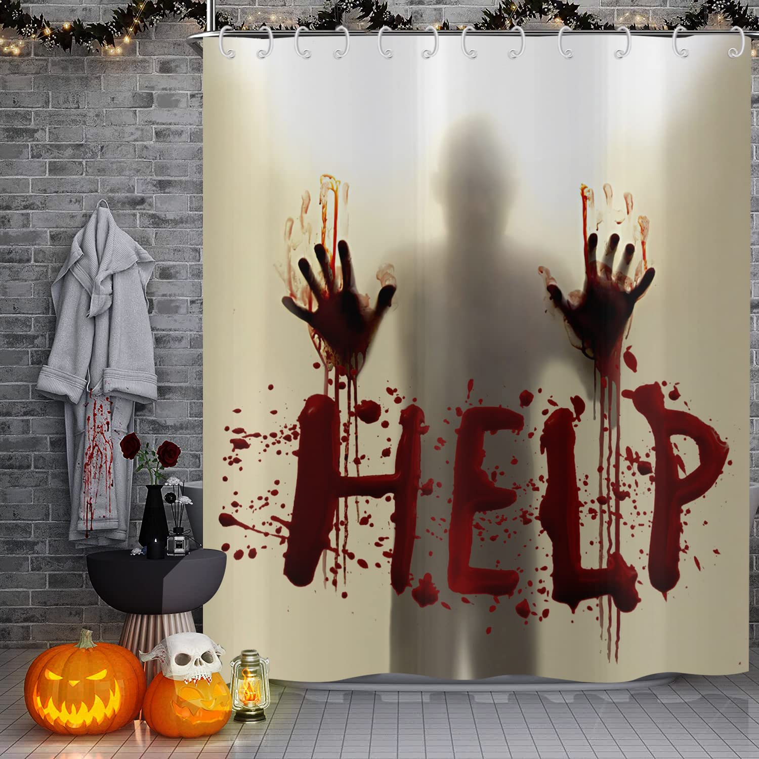 Ensemble Rideau De Douche Halloween Avec Mains Sanglantes - 180x180 Cm, Imperméable, 12 Crochets Inclus